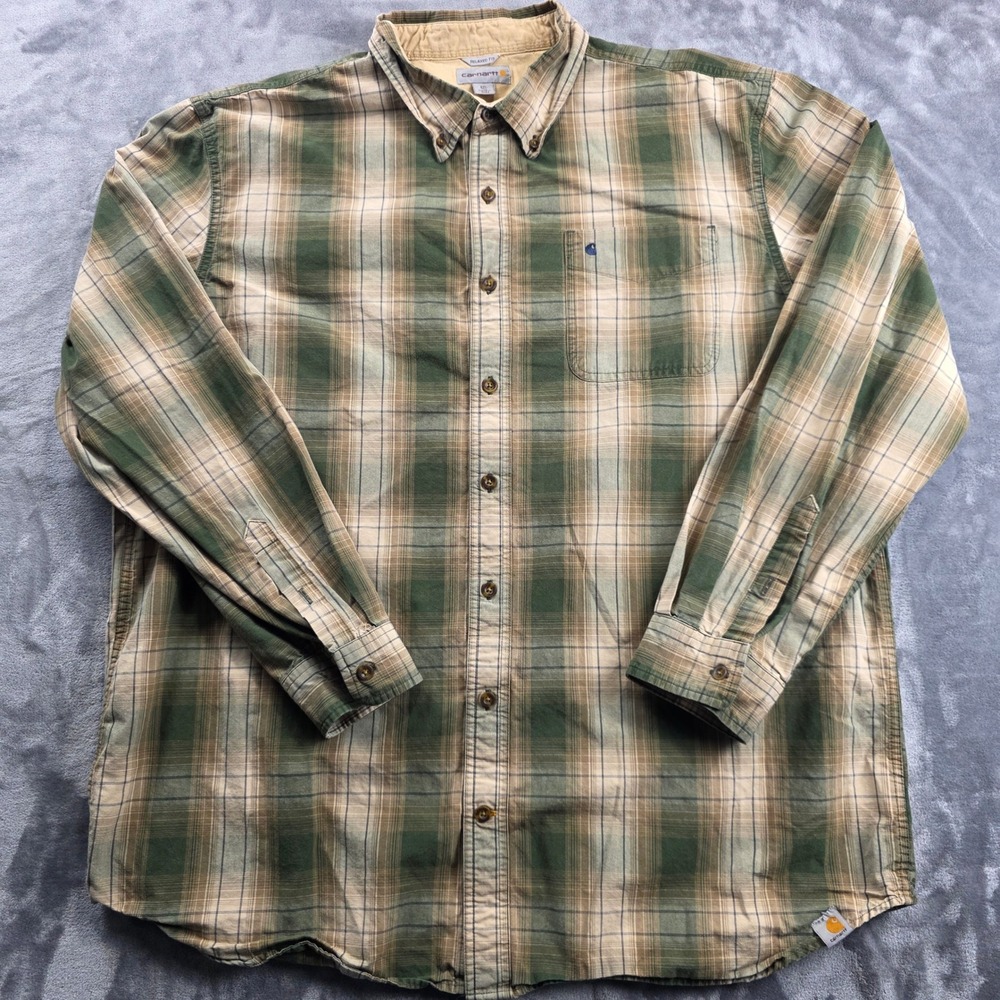 Carhartt Button Down Shirt Mens 2XL Tall Green Plaid Relaxed Fit Long Sleeve